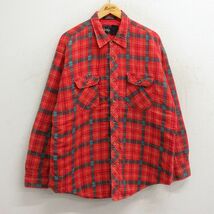 XL/古着 長袖 ヘビー フランネル シャツ メンズ 90s 大きいサイズ ロング丈 赤 レッド チェック 内側キルティング 23oct19 中古 トップ_画像1