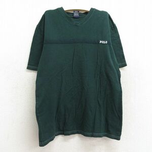 古着 ラルフローレン 半袖 ブランド Tシャツ キッズ ボーイズ 子供服 90s ワンポイントロゴ コットン Vネック 緑 グリーン 23sep06