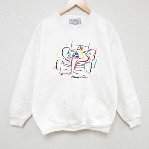 L/古着 長袖 スウェット メンズ 90s 車 刺繍 クルーネック 白 ホワイト 23dec11 中古 スエット トレーナー トップス