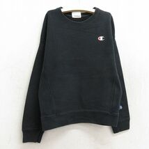 古着 長袖 チャンピオン champion リバースウィーブ キッズ ボーイズ 子供服 ワンポイントロゴ クルーネック 黒 ブラック 23nov28_画像1