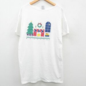 古着 半袖 ビンテージ Tシャツ レディース 90s クリスマスツリー ネコ 大きいサイズ コットン クルーネック ロング丈 白 ホワイト 23ju