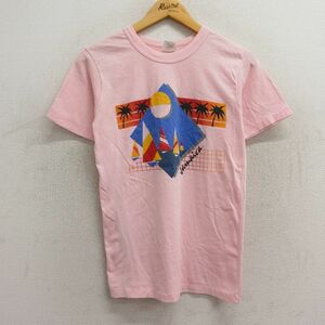 古着 半袖 ビンテージ Tシャツ レディース 80s ヨット ヤシの木 ジャマイカ クルーネック 薄ピンク 23aug28 中古