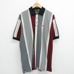 XL/古着 半袖 ポロ シャツ メンズ 90s ワンポイントロゴ 黒他 ブラック ストライプ 23may12 中古 トップス