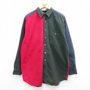 XL/古着 長袖 ヘビー フランネル シャツ メンズ 00s 大きいサイズ ロング丈 マルチカラー クレイジーパターン コットン 緑他 グリーン