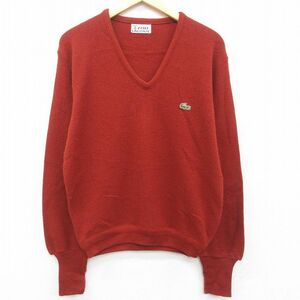 M/古着 ラコステ LACOSTE IZOD 長袖 ブランド セーター メンズ 80s ワンポイントロゴ アクリル Vネック 茶 ブラウン 23oct03 中古 ニッ