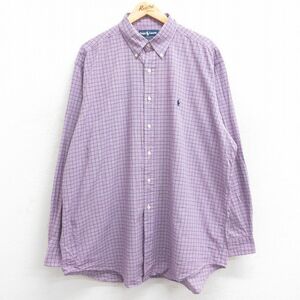 XL/古着 ラルフローレン 長袖 ブランド シャツ メンズ 90s ワンポイントロゴ YAMOUTH 大きいサイズ ロング丈 コットン ボタンダウン 薄