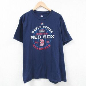 XL/古着 マジェスティック 半袖 Tシャツ メンズ MLB ボストンレッドソックス ワールドシリーズ 大きいサイズ コットン クルーネック 紺