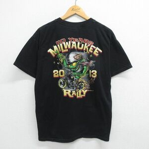 L/古着 半袖 Tシャツ メンズ ミルウォーキー バイク モンスター コットン クルーネック 黒 ブラック 23mar24 中古