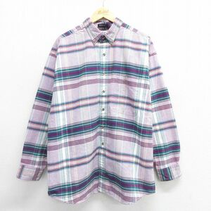 XL/古着 GANT 長袖 フランネル シャツ メンズ 90s 大きいサイズ ロング丈 コットン ボタンダウン 紫他 パープル チェック 23oct26 中古