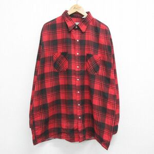 XL/古着 長袖 ヘビー フランネル シャツ メンズ 90s 大きいサイズ ロング丈 コットン 赤他 レッド チェック 23dec06 中古 トップス