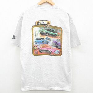 XL/古着 半袖 ビンテージ Tシャツ メンズ 00s クラシックカー バイク 大きいサイズ クルーネック 薄グレー 霜降り 23jul14 中古