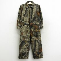 古着 リバティ 長袖 ツナギ キッズ ボーイズ 子供服 90s リアルツリー ダブルニー 濃緑他 グリーン 迷彩 内側キルティング 23dec21_画像1