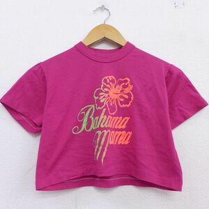 古着 半袖 ビンテージ Tシャツ レディース 80s バハマ ハイビスカス クルーネック ショート丈 ピンク 21jul12 中古