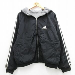 L/古着 アディダス adidas 長袖 ナイロン ジャケット メンズ 90s ワンポイントロゴ リバーシブル ラグラン 黒他 ブラック 3本ライン 23