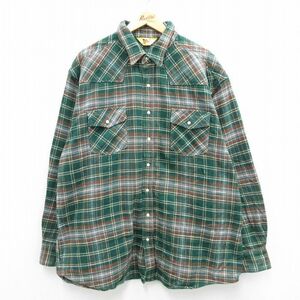 XL/古着 長袖 ウエスタン ヘビー フランネル シャツ メンズ 90s 大きいサイズ ロング丈 コットン 緑他 グリーン チェック 23nov04 中古