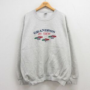 XL/古着 長袖 スウェット メンズ 00s GRANDPA 車 刺繍 大きいサイズ クルーネック 薄グレー 霜降り 23sep08 中古 スエット トレーナー