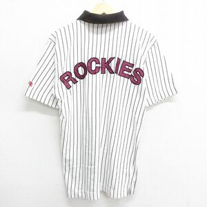 M/古着 半袖 ポロ シャツ メンズ 90s MLB コロラドロッキーズ コットン 白 ホワイト ストライプ メジャーリーグ ベースボール 野球 23j