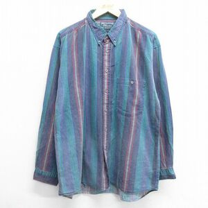 XL/古着 Pier connection 長袖 シャツ メンズ コットン ボタンダウン 紺他 ネイビー ストライプ 23oct04 中古 トップス