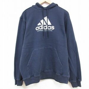 L/古着 アディダス adidas 長袖 スウェット パーカー メンズ ビッグロゴ 濃紺 ネイビー 23nov07 中古 スエット トレーナー トップス