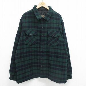 XL/古着 エルエルビーン LLBEAN 長袖 ウール シャツ メンズ 00s 大きいサイズ ロング丈 緑他 グリーン チェック 内側キルティング 23no