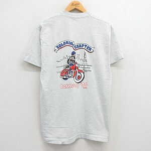 L/古着 半袖 ビンテージ Tシャツ メンズ 90s バイク 自由の女神 胸ポケット付き クルーネック 薄グレー 霜降り spe 23may08 中古