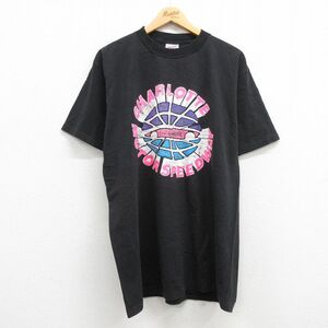 XL/古着 半袖 ビンテージ Tシャツ メンズ 90s シャーロットモータースピードウエイ コットン クルーネック 黒 ブラック 23jun22 中古