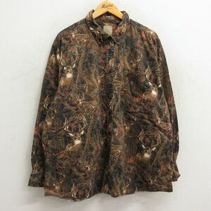 XL/古着 長袖 シャツ メンズ シカ 総柄 大きいサイズ コットン ボタンダウン 茶他 ブラウン 23sep26 中古 トップス