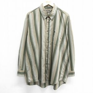 XL/古着 長袖 シャツ メンズ 90s ロング丈 大きいサイズ ボタンダウン 濃緑他 グリーン ストライプ 23jul31 中古 トップス