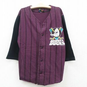 古着 長袖 ベースボール シャツ キッズ ボーイズ 子供服 90s NHL マイティダックス ノーカラー 紫他 パープル ストライプ アイスホッケ