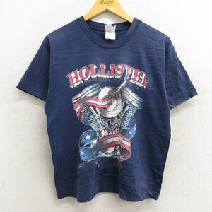 L/古着 半袖 ビンテージ Tシャツ メンズ 90s ホリスター バイク コットン クルーネック 紺 ネイビー 23mar25 中古