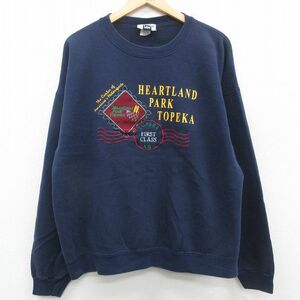 XL/古着 リー Lee 長袖 スウェット メンズ 90s HEARTLAND PARKTOPEK 刺繍 大きいサイズ クルーネック 紺 ネイビー 23may31 中古 スエッ