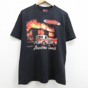 L/古着 半袖 ビンテージ Tシャツ メンズ 90s 消防署 コットン クルーネック 黒 ブラック 22mar02 中古