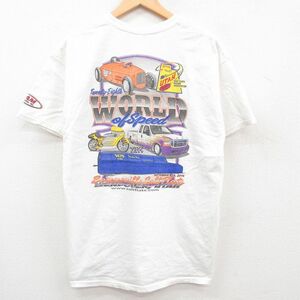 L/古着 半袖 Tシャツ メンズ レーシングカー バイク コットン クルーネック 白 ホワイト 23apr28 中古