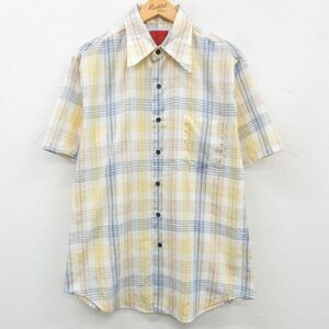 XL/古着 シアーズ 半袖 シャツ メンズ 70s ロング丈 薄ベージュ他 カーキ チェック 23jun03 中古 トップス