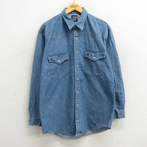 L/古着 ギャップ GAP 長袖 ウエスタン シャツ メンズ 90s ロング丈 コットン 紺 ネイビー デニム spe 23sep04 中古 トップス