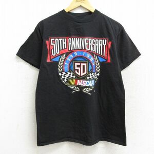 M/古着 半袖 ビンテージ Tシャツ メンズ 90s NASCAR フラッグ コットン クルーネック 黒 ブラック 23mar28 中古