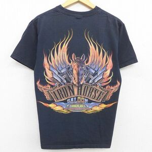 M/古着 半袖 ビンテージ Tシャツ メンズ 00s IRON HORSE 馬 コットン クルーネック 胸ポケット付き 黒 ブラック 22may16 中古