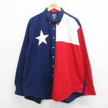 XL/古着 長袖 ウエスタン シャツ メンズ 90s テキサス 星 大きいサイズ コットン ボタンダウン 紺他 ネイビー 23jun06 中古 トップス_画像1