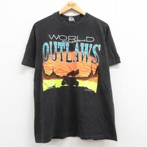 L/古着 ヘインズ 半袖 ビンテージ Tシャツ メンズ 90s WORLD OUTLAWS レーシングカー コットン クルーネック 黒 ブラック 23mar13 中古_画像1