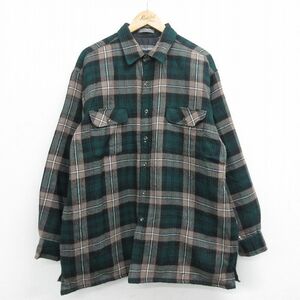 XL/古着 長袖 ウール シャツ メンズ 00s 大きいサイズ ロング丈 緑他 グリーン チェック 内側キルティング 23oct17 中古 トップス