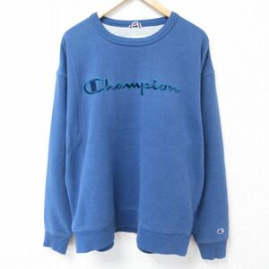 XL/古着 チャンピオン Champion 長袖 スウェット メンズ ビッグロゴ 刺繍 大きいサイズ クルーネック 青 ブルー 23nov28 中古 スエット