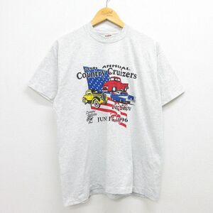 L/古着 半袖 ビンテージ Tシャツ メンズ 90s 車 ホットロッド アメ車 星条旗 クルーネック 薄グレー 霜降り 22jul25 中古