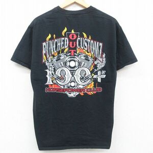 L/古着 半袖 Tシャツ メンズ PUNCHED OUT CUSTOML エンジン コットン クルーネック 黒 ブラック 23jun08 中古