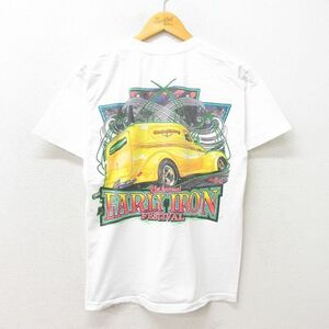 M/古着 半袖 Tシャツ メンズ アーリーアイロンフェスティバル アメ車 コットン クルーネック 白 ホワイト 22jun27 中古