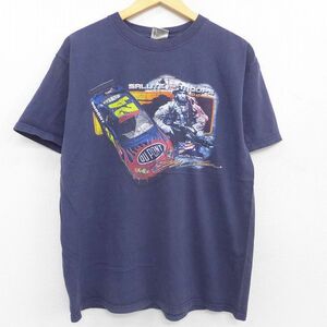 L/古着 半袖 Tシャツ メンズ レーシングカー DU PONT SALUTE THE TROOPS コットン クルーネック 紺 ネイビー 22jul20 中古