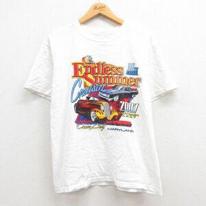 L/古着 半袖 ビンテージ Tシャツ メンズ 00s 車 ホットロッド クラシックカー クルーネック 白 ホワイト 23mar03 中古