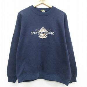 XL/古着 長袖 スウェット メンズ 90s PEBBLE CREEK 刺繍 クルーネック 紺 ネイビー 23sep12 中古 スエット トレーナー トップス