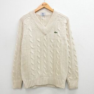 M/古着 ラコステ LACOSTE IZOD 長袖 ブランド ケーブル セーター メンズ 90s ワンポイントロゴ アクリル Vネック 生成り spe 23dec16