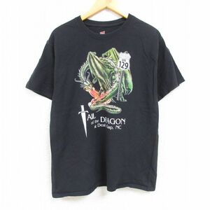 M/古着 ヘインズ Hanes 半袖 Tシャツ メンズ ドラゴン 龍 コットン クルーネック 黒 ブラック 23may27 中古