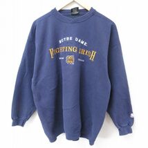 XL/古着 スターター STARTER 長袖 スウェット メンズ 90s ノートルダム ファイティングアイリッシュ 刺繍 クルーネック 紺 ネイビー 23_画像1